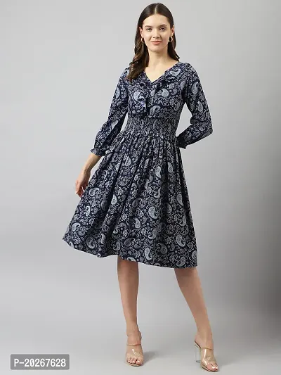 Stylish Navy Blue Crepe Paisley Print Fit And Flare Dress For Women