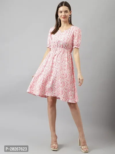 Stylish Pink Rayon Floral Printed Fit And Flare Dress For Women