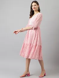 Stylish Pink Net Floral Printed Fit And Flare Dress For Women-thumb1