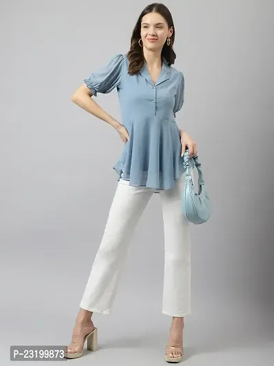 Women's Light Blue Georgette Solid Flared Top-thumb5