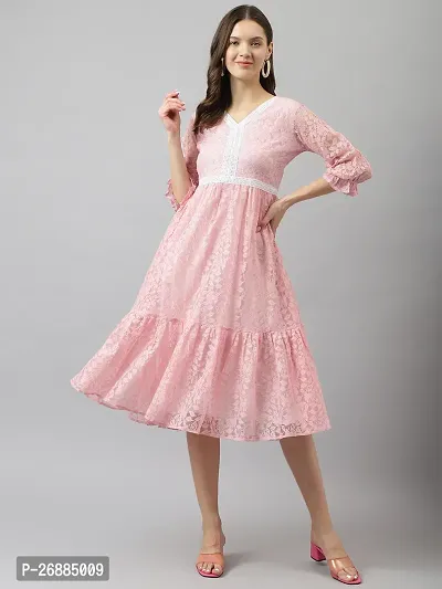 Stylish Pink Net Floral Printed Fit And Flare Dress For Women-thumb0