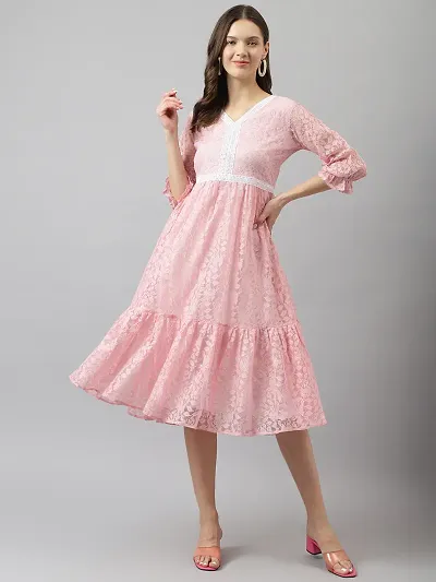 Stylish Pink Net Floral Printed Fit And Flare Dress For Women