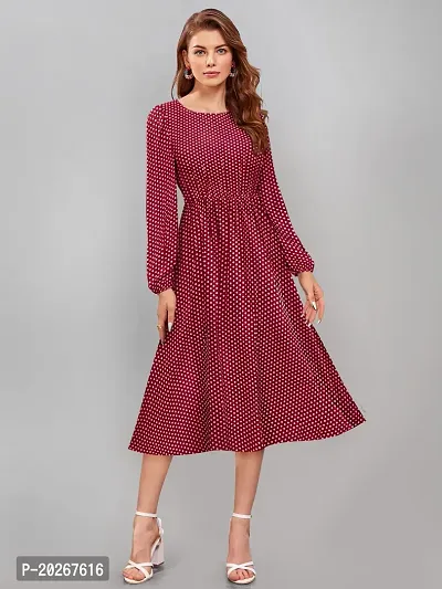 Stylish Maroon Crepe Polka Dot Print Fit And Flare Dress For Women