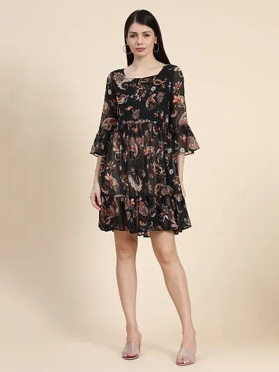 Stylish Black Chiffon Paisley Print Fit And Flare Dress For Women