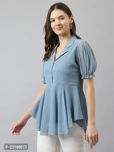 Women's Light Blue Georgette Solid Flared Top-thumb3