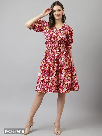 Stylish Red Crepe Floral Printed Fit And Flare Dress For Women-thumb0