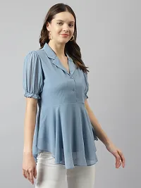 Women's Light Blue Georgette Solid Flared Top-thumb3