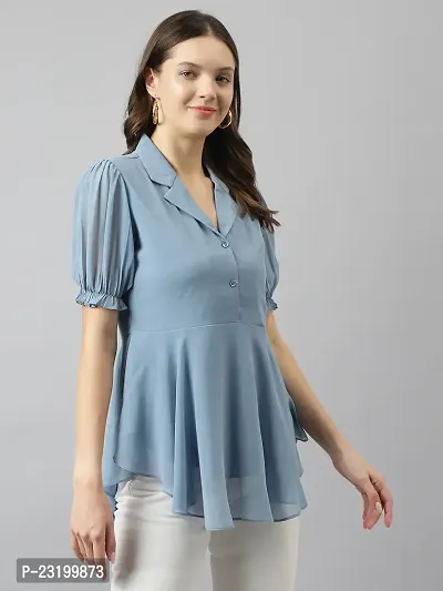 Women's Light Blue Georgette Solid Flared Top-thumb4