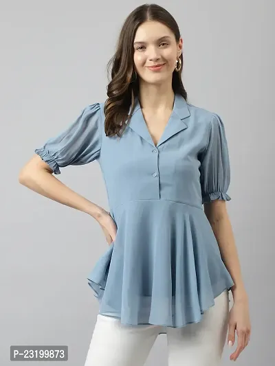 Women's Light Blue Georgette Solid Flared Top-thumb0