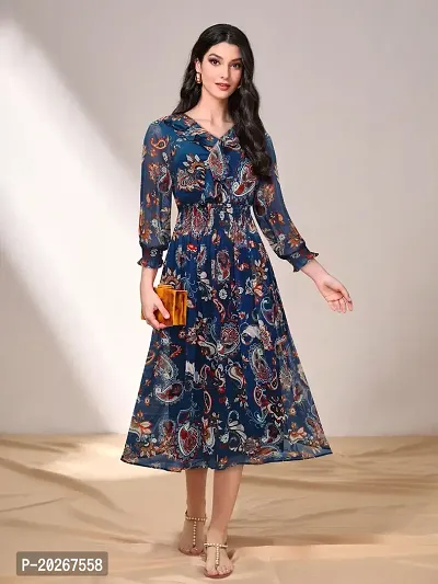 Stylish Navy Blue Georgette Paisley Print Fit And Flare Dress For Women