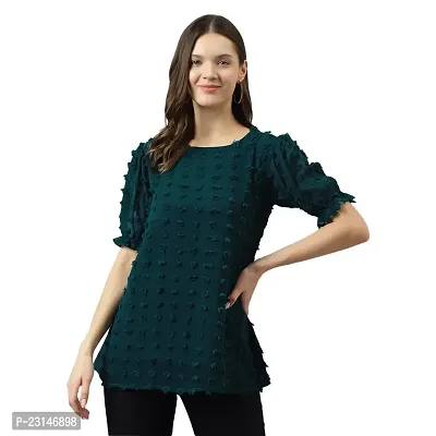KERI PERRY Women's Teal Blue Dobby Georgette Woven Straight Western Top