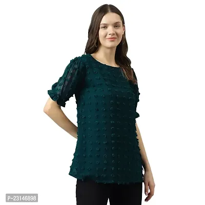 KERI PERRY Women's Teal Blue Dobby Georgette Woven Straight Western Top-thumb3