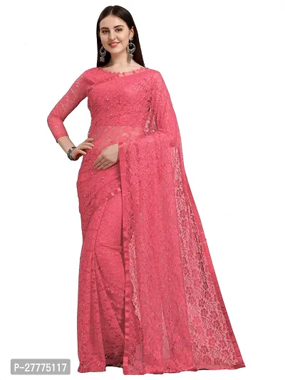 Beautiful Pink Net Self Pattern Saree With Blouse Piece For Women-thumb0