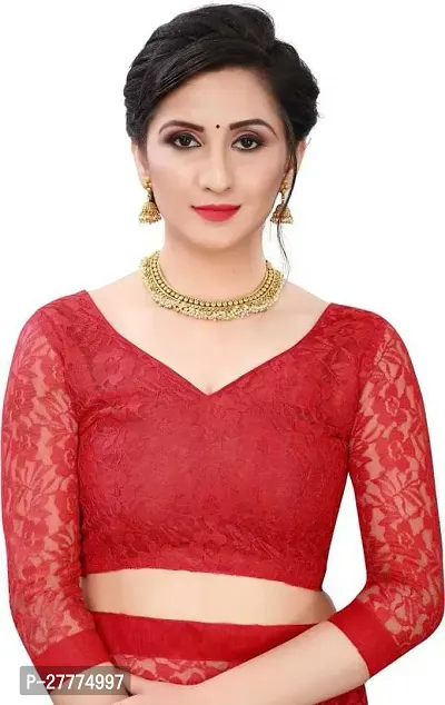 Beautiful Red Net Self Pattern Saree With Blouse Piece For Women-thumb5