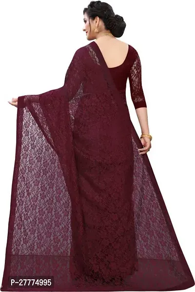 Beautiful Maroon Net Self Pattern Saree With Blouse Piece For Women-thumb2