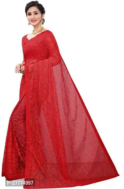 Beautiful Red Net Self Pattern Saree With Blouse Piece For Women-thumb3