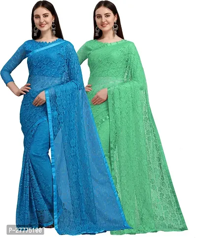 Beautiful Multicoloured Net Self Pattern Saree With Blouse Piece For Women Pack Of 2-thumb0