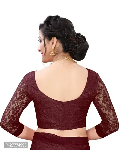 Beautiful Maroon Net Self Pattern Saree With Blouse Piece For Women-thumb3