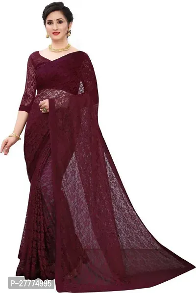 Beautiful Maroon Net Self Pattern Saree With Blouse Piece For Women-thumb0