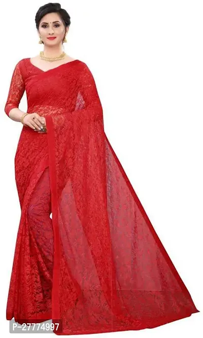 Beautiful Red Net Self Pattern Saree With Blouse Piece For Women-thumb0