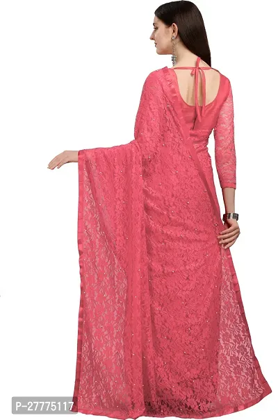 Beautiful Pink Net Self Pattern Saree With Blouse Piece For Women-thumb3