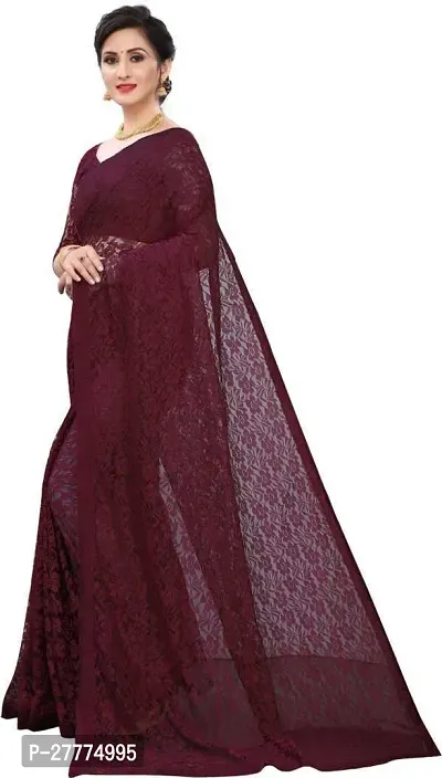 Beautiful Maroon Net Self Pattern Saree With Blouse Piece For Women-thumb4