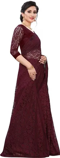 Beautiful Maroon Net Self Pattern Saree With Blouse Piece For Women-thumb4