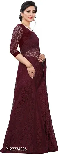 Beautiful Maroon Net Self Pattern Saree With Blouse Piece For Women-thumb5