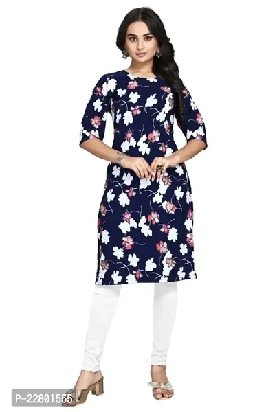 Charbhuja Women's Crepe Solid Round Neck Kurta (Dark Blue) Size :- XX-Large-thumb0