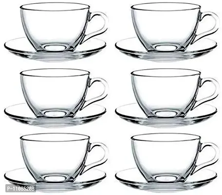 DIKUJI ENTERPRISE Superb Crystal Clear Roma Solid Glass Tea Cup with Saucer, Tea Mugs with Handle, 180 ml, Hot or Cold Drinks (Clear) - Set of 6-thumb0