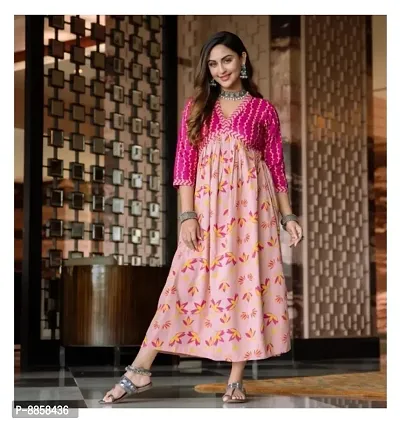 Women Rayon Printed Gown Anarkali Kurti for Women  Girls, Festival Kurta Gown ( Pink )-thumb4