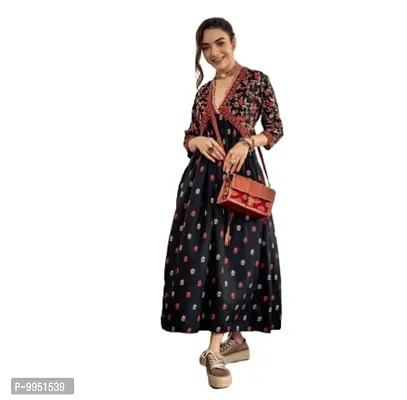 Stylish Design Women Long Rayon Printed Gown Kurti for Women Girls, Festival Kurta Gown ( Black )-thumb3