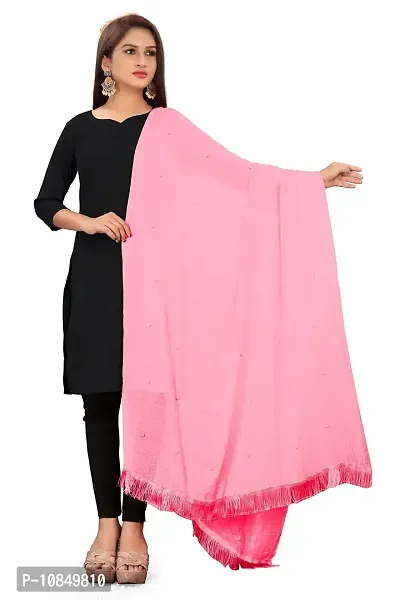 SINANI Women's Plain Sofiya Fibre With Moti Work With Fringy Border Light Pink Chunni/Dupatta |For Casual & Ethnic Set-thumb0