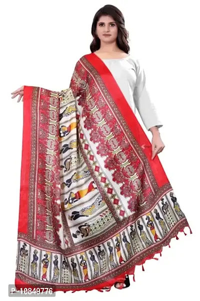 SINANI Women's Khadi Cotton Silk Dupatta With Jhalar/tassels Cotton Silk Dupatta (Red)-thumb0