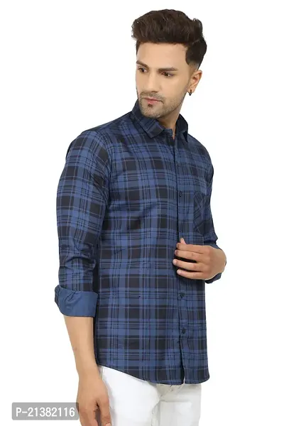 Reliable Navy Blue Cotton Blend Checked Long Sleeves Casual Shirts For Men-thumb3