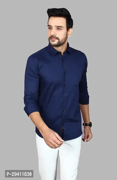 Stylish Navy Blue Cotton Blend Solid Long Sleeves Shirt For Men-thumb0