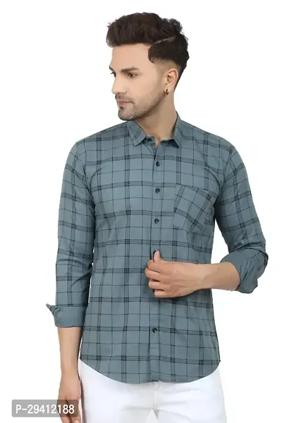 Stylish Grey Cotton Blend Checked Long Sleeves Shirt For Men-thumb0