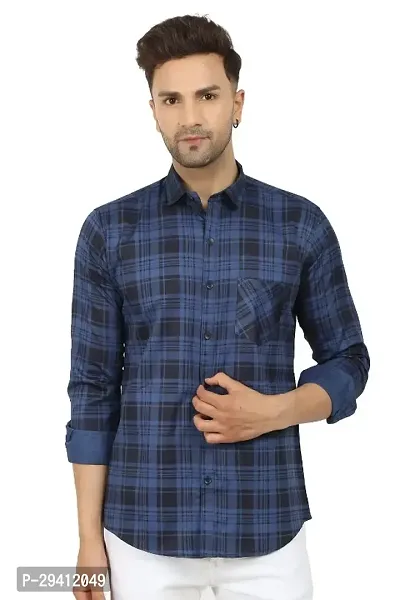 Stylish Blue Cotton Blend Checked Long Sleeves Shirt For Men-thumb0