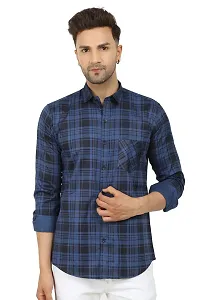 Reliable Navy Blue Cotton Blend Checked Long Sleeves Casual Shirts For Men-thumb1