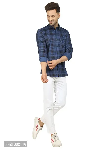 Reliable Navy Blue Cotton Blend Checked Long Sleeves Casual Shirts For Men-thumb0