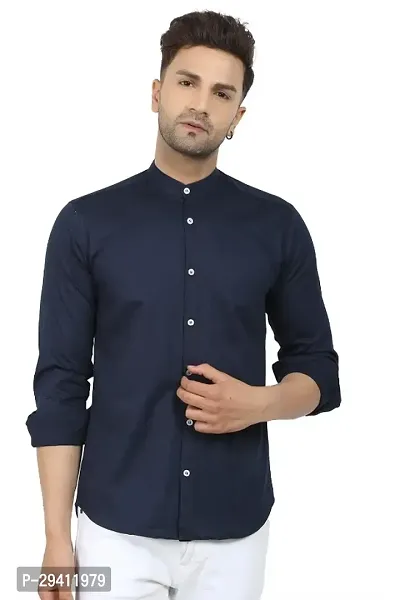 Stylish Navy Blue Cotton Blend Solid Long Sleeves Shirt For Men-thumb0