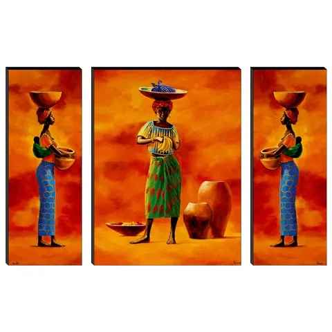 Beautiful Set Of 3 Dancing African Ladies Modern Art UV Textured Paintings For Living Room With Frame 12 Inch X 18 Inch