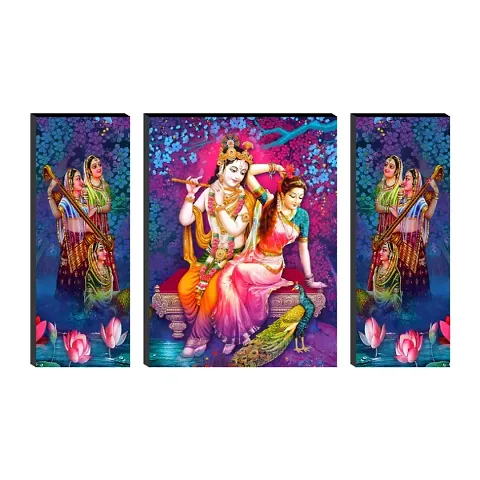 RAG Set of 3 Radha Krishna with Couple Peacock UV Textured Home Decorative Item Self Adhesive Painting 18 Inch X 12 Inch