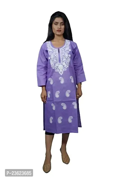 SK Chikan Art Embroidered Cotton Lucknowi Chikankari Women's Kurta Kurti (Medium, Purple)