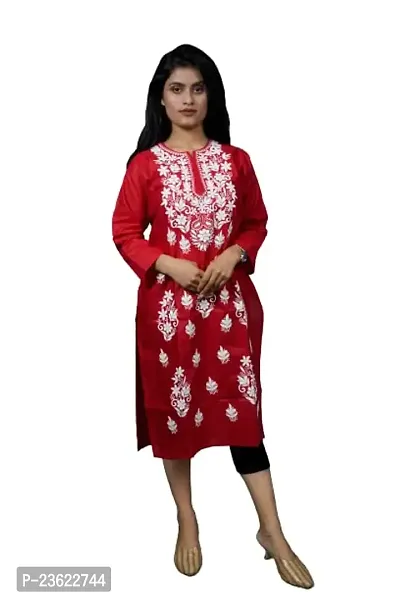 SK Chikan Art Embroidered Cotton Lucknowi Chikankari Women's Kurta Kurti