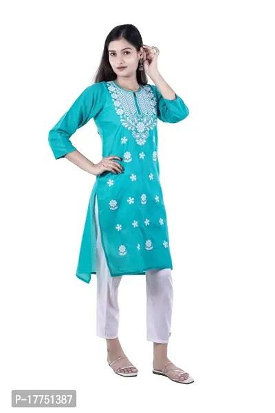 Stylish Turquoise Cotton Blend Embroidered Kurta For Women-thumb0