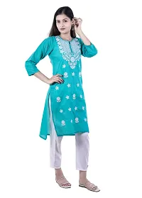 Stylish Turquoise Cotton Blend Embroidered Kurta For Women-thumb1