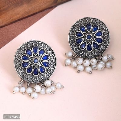 Silver Oxidized Earring Stud ( Blue)