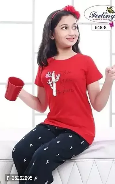 Fabulous Red Cotton Blend Printed Top With Bottom Set For Girls-thumb0