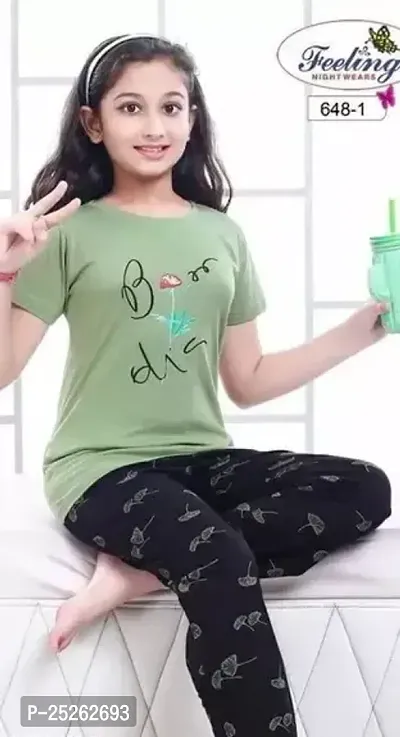 Fabulous Green Cotton Blend Printed Top With Bottom Set For Girls